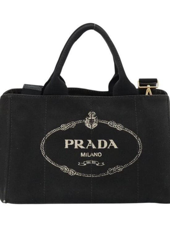 PRADA Canapa MM Hand Bag Canvas 2way Black Gold Auth 180606 main image 16